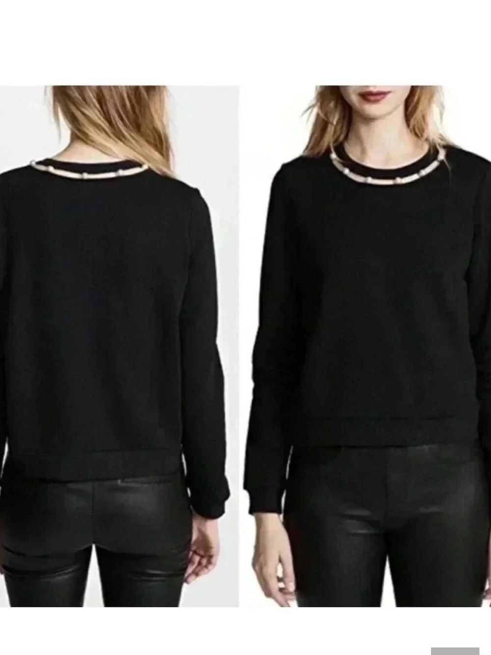 Rebecca Minkoff Black Crewneck Sweatshirt with Pearl-Trim XS